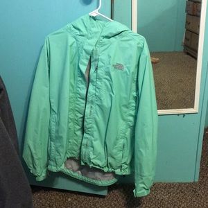 Teal colored rain jacket